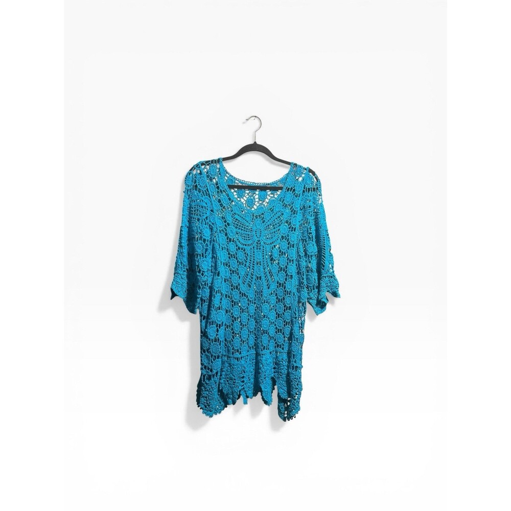 Boho Crochet Micro Dress Womens OS Blue Half Sleeve Coastal Vacation
